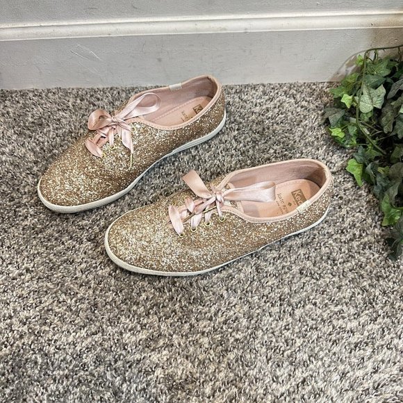 Keds womens Champion Kate Spade Glitter Sneaker Rose Gold Lace Up Size 8.5 Wide - Picture 1 of 9